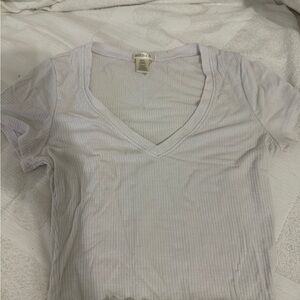 Bozzolo White Ribbed V-Neck Short Sleeve Tee